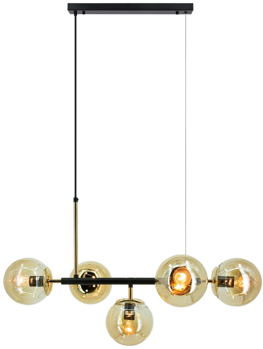 Lampa wisząca Greta z pięcioma źródłami światła E14, w kolorze czarnym i złotym. Kształt okrągłych, przezroczystych kloszy z metalowymi detalami. Produkt zwisający na cienkim przewodzie, umieszczony na prostokątnej podstawie.