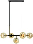 Lampa wisząca Greta z pięcioma źródłami światła E14, w kolorze czarnym i złotym. Kształt okrągłych, przezroczystych kloszy z metalowymi detalami. Produkt zwisający na cienkim przewodzie, umieszczony na prostokątnej podstawie.