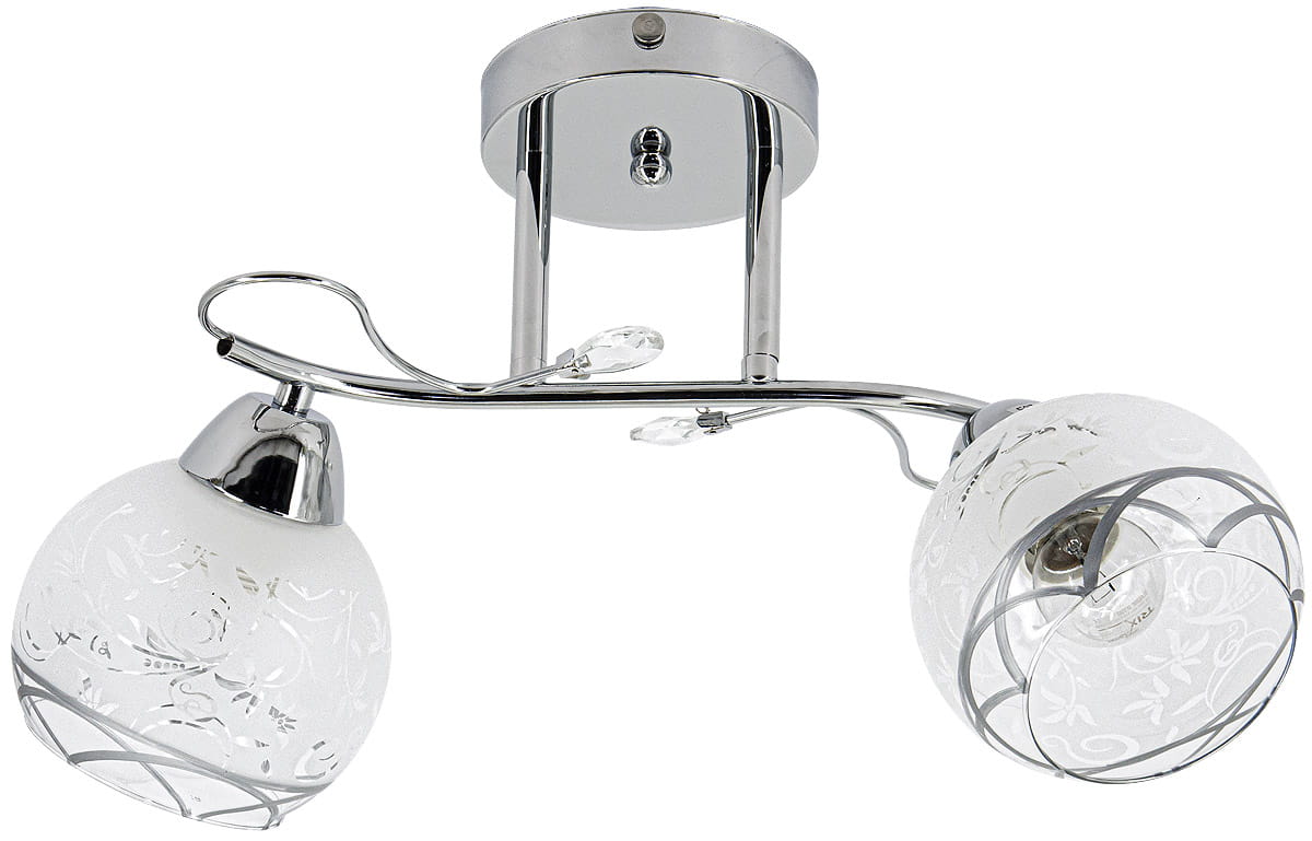 Lampa sufitowa Olivier 2-punktowa w kolorze chromu. Posiada dwa klosze z matowego szkła z delikatnym wzorem kwiatowym, osadzone na elastycznych ramionach. Ujęcie z boku, widoczna konstrukcja montażowa.