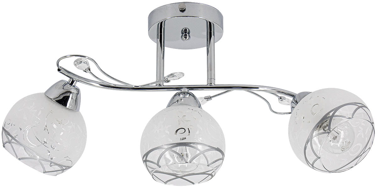 Lampa sufitowa Olivier 3-punktowa w kolorze chromu z trzema kulistymi kloszami z białego szkła z delikatnym wzorem. Zamontowany na okrągłej podstawie, z eleganckim, falistym ramieniem. Klosze w kształcie półkul, transparentne z metalowymi zdobieniami.