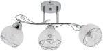 Lampa sufitowa Olivier 3-punktowa w kolorze chromu z trzema kulistymi kloszami z białego szkła z delikatnym wzorem. Zamontowany na okrągłej podstawie, z eleganckim, falistym ramieniem. Klosze w kształcie półkul, transparentne z metalowymi zdobieniami.