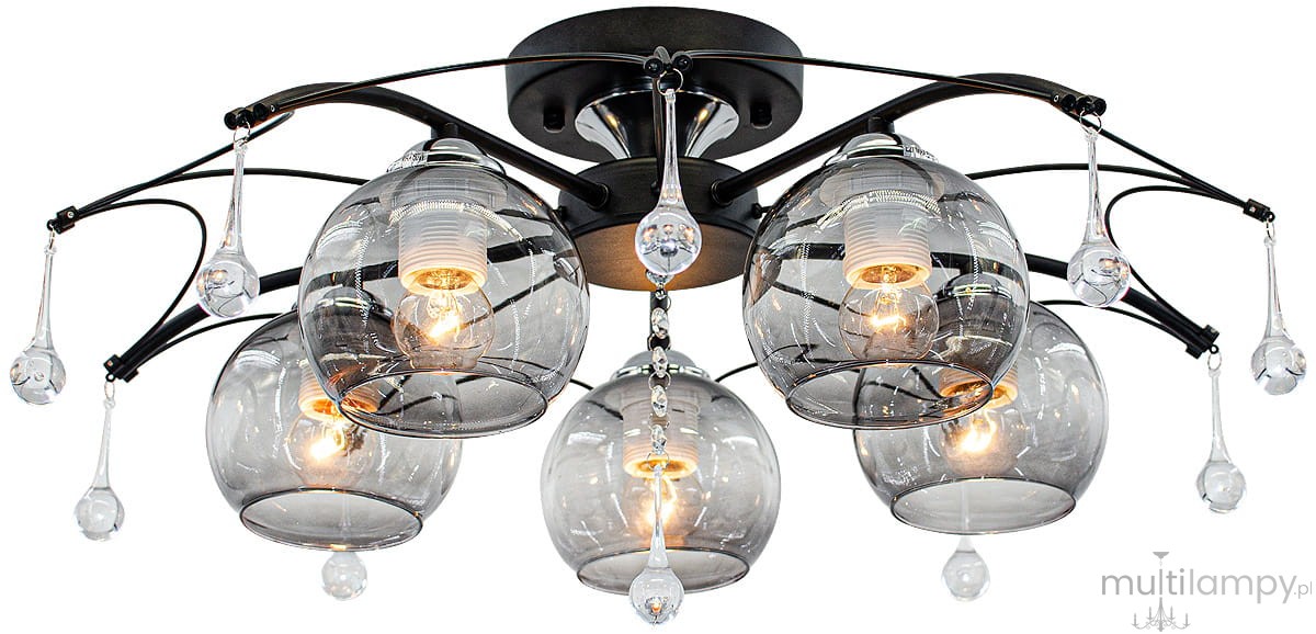 Lampa sufitowa Ankara 5-punktowa w kolorze czarnym i chromowanym. Posiada pięć przezroczystych kloszy w kształcie kul, zawieszonych na cienkich, zakrzywionych ramionach, z dekoracyjnymi kroplami. Ujęcie z dołu, ukazujące szczegóły konstrukcji.