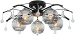 Lampa sufitowa Ankara 5-punktowa w kolorze czarnym i chromowanym. Posiada pięć przezroczystych kloszy w kształcie kul, zawieszonych na cienkich, zakrzywionych ramionach, z dekoracyjnymi kroplami. Ujęcie z dołu, ukazujące szczegóły konstrukcji.