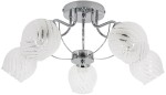 Lampa sufitowa Merida 5-punktowa w chromowanej oprawie z pięcioma szklanymi kloszami o spiralnym wzorze. Klosze w kolorze przezroczystym, montaż sufitowy, kąt ujęcia z góry, widoczne detale chromowanej konstrukcji.