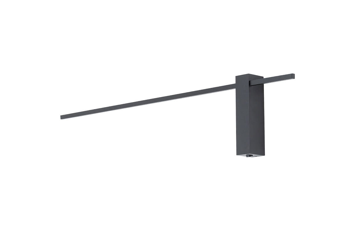 Kinkiet Motive 80 w kolorze czarnym, z pojedynczym źródłem światła LED o mocy 11W i temperaturze barwowej 3000K. Produkt ma nowoczesny, minimalistyczny kształt z poziomą ramą i pionowym mocowaniem, zamontowany na ścianie.