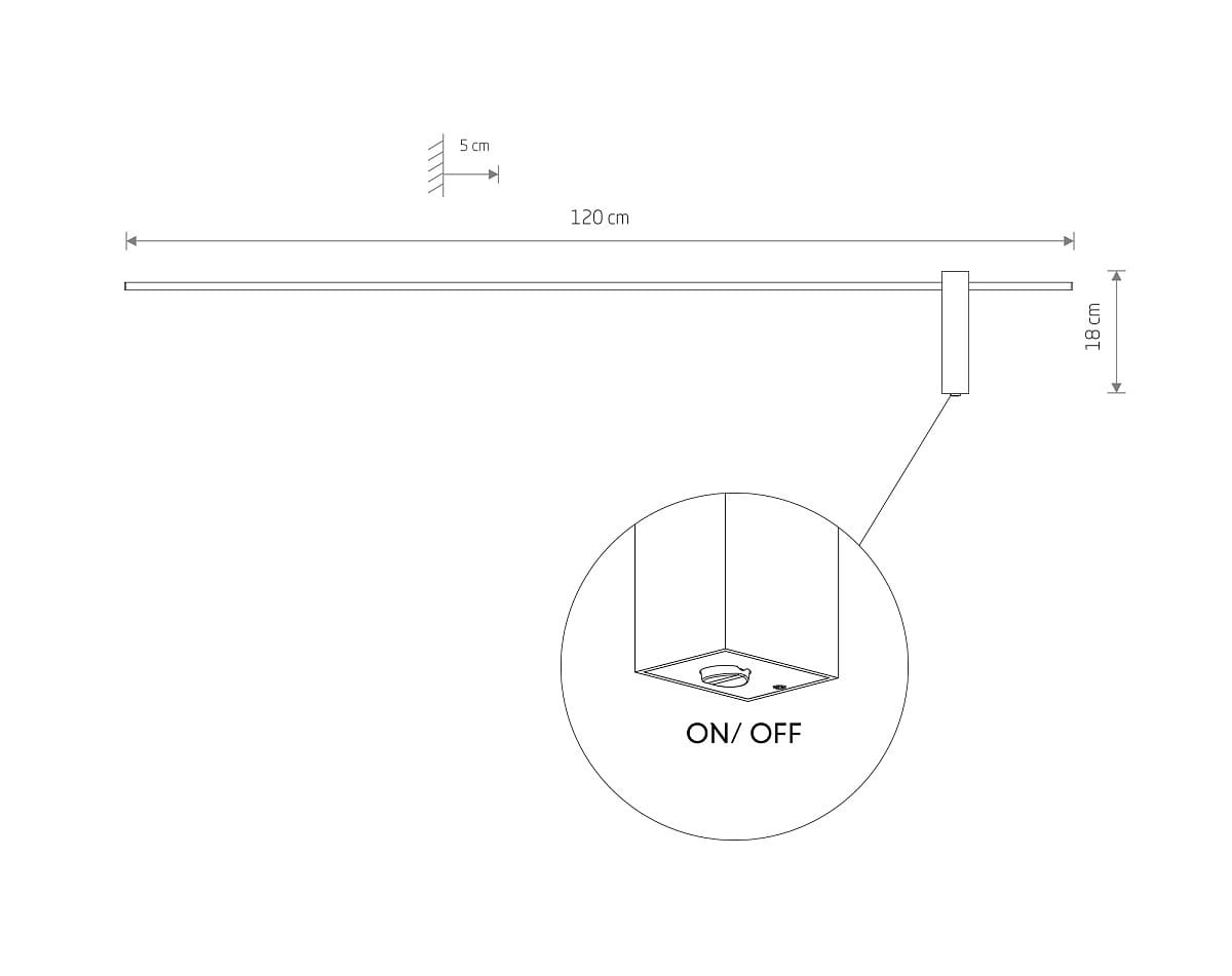 Motive 120 kinkiet w kolorze czarnym, długość 120 cm, wysokość 18 cm, z wbudowanym źródłem światła LED 16W o temperaturze barwowej 3000K. Ujęcie z boku, z widocznym przełącznikiem ON/OFF oraz szczegółami konstrukcji.