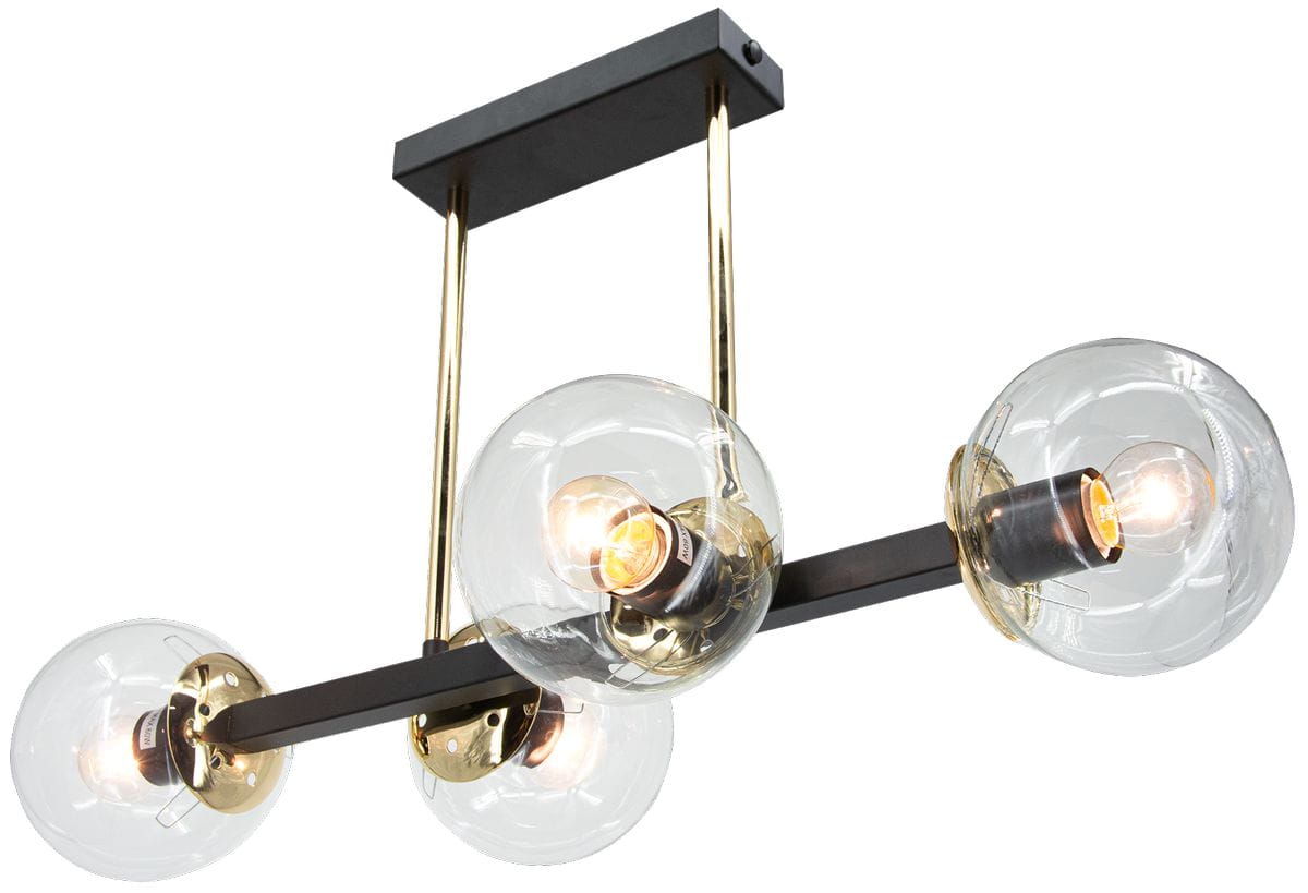 Lampa sufitowa Sintra z czterema oprawami E27 w kolorze czarnym i złotym. Posiada przezroczyste klosze w formie kul oraz metalowy stelaż. Zawieszona na dwóch złotych linkach, montowana do sufitu. Kąt ujęcia z przodu, ukazujący detale konstrukcji.