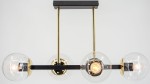 Lampa sufitowa Sintra z czarną podstawą i złotymi detalami, z czterema okrągłymi kloszami z przezroczystego szkła. Ujęcie frontalne, zawieszona na dwóch metalowych prętach. Wymiary kloszy oraz miejsce na żarówki E27. Tło białe.