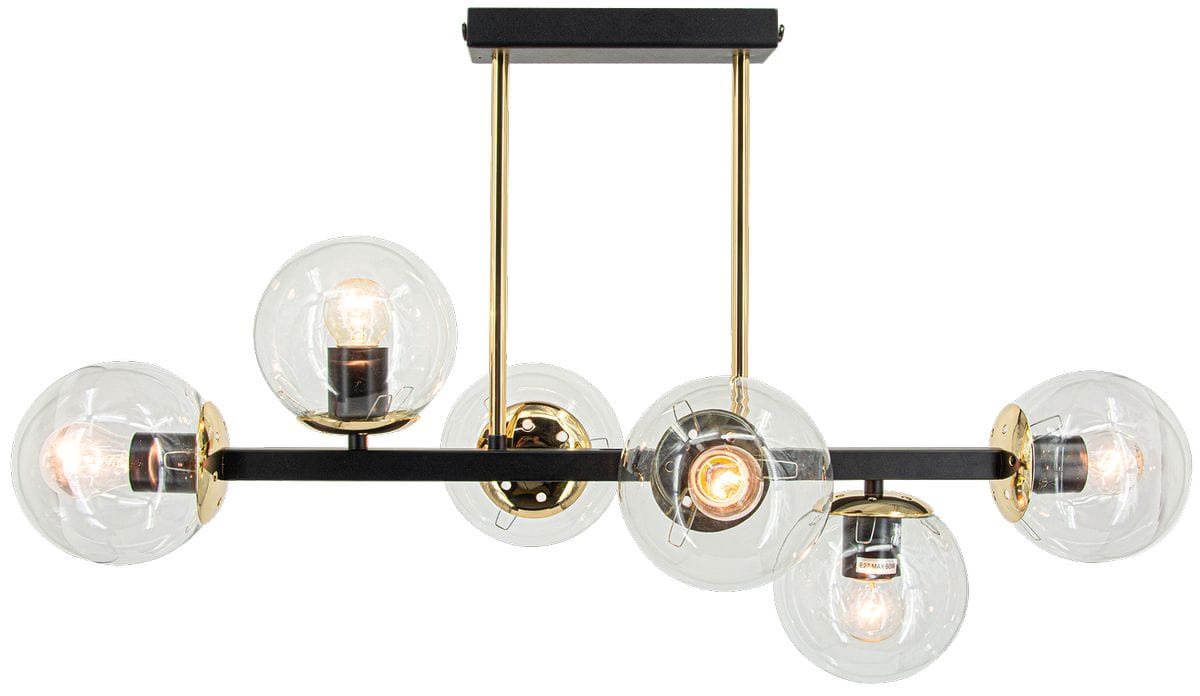 Lampa sufitowa Sintra z sześcioma kulistymi kloszami, wykonana z czarnych i złotych elementów metalowych. Klosze szklane, przezroczyste, umieszczone na poziomej listwie. Ujęcie frontalne, wisząca konstrukcja z długimi ramionami.
