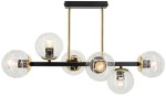 Lampa sufitowa Sintra z sześcioma kulistymi kloszami, wykonana z czarnych i złotych elementów metalowych. Klosze szklane, przezroczyste, umieszczone na poziomej listwie. Ujęcie frontalne, wisząca konstrukcja z długimi ramionami.