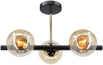 Lampa sufitowa Otis z trzema źródłami światła E27, w kolorze czarnym i złotym. Kula szklana w odcieniu przezroczystym z widocznymi żarówkami. Ujęcie frontalne, zamontowana na suficie, z metalowym stelażem w kolorze czarnym.