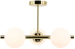 Lampa sufitowa Otis w kolorze złotym z trzema okrągłymi kloszami z mlecznego szkła. Ujęcie frontalne, wisząca konstrukcja z metalowym stelażem. Widoczny centralny mocownik oraz połyskująca powierzchnia. Idealna do nowoczesnych wnętrz.