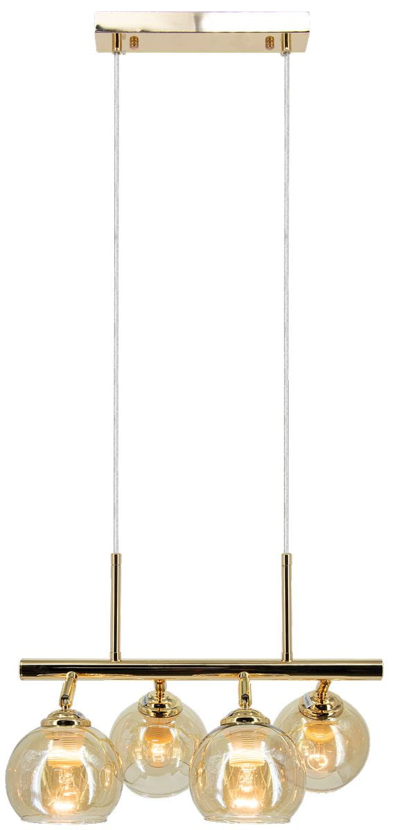 Lampa wisząca Piran w kolorze złotym z czterema szklanymi kloszami, zawieszona na cienkich linkach. Klosze mają okrągły kształt, a ich przezroczysta faktura podkreśla źródła światła E27. Montaż na górnej, prostokątnej płycie.