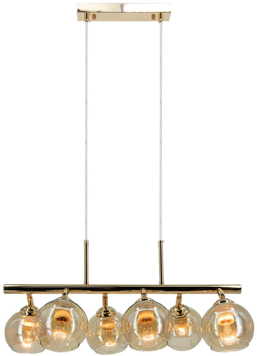 Lampa wisząca Piran w kolorze złotym z sześcioma kloszami. Szklane, przezroczyste kuliste klosze zawieszone na cienkich, białych linkach. Stelaż metalowy, prostokątny, z widocznymi żarówkami E27. Ujęcie frontalne, lampa wisi pod sufitem.