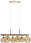 Lampa wisząca Piran w kolorze złotym z sześcioma kloszami. Szklane, przezroczyste kuliste klosze zawieszone na cienkich, białych linkach. Stelaż metalowy, prostokątny, z widocznymi żarówkami E27. Ujęcie frontalne, lampa wisi pod sufitem.