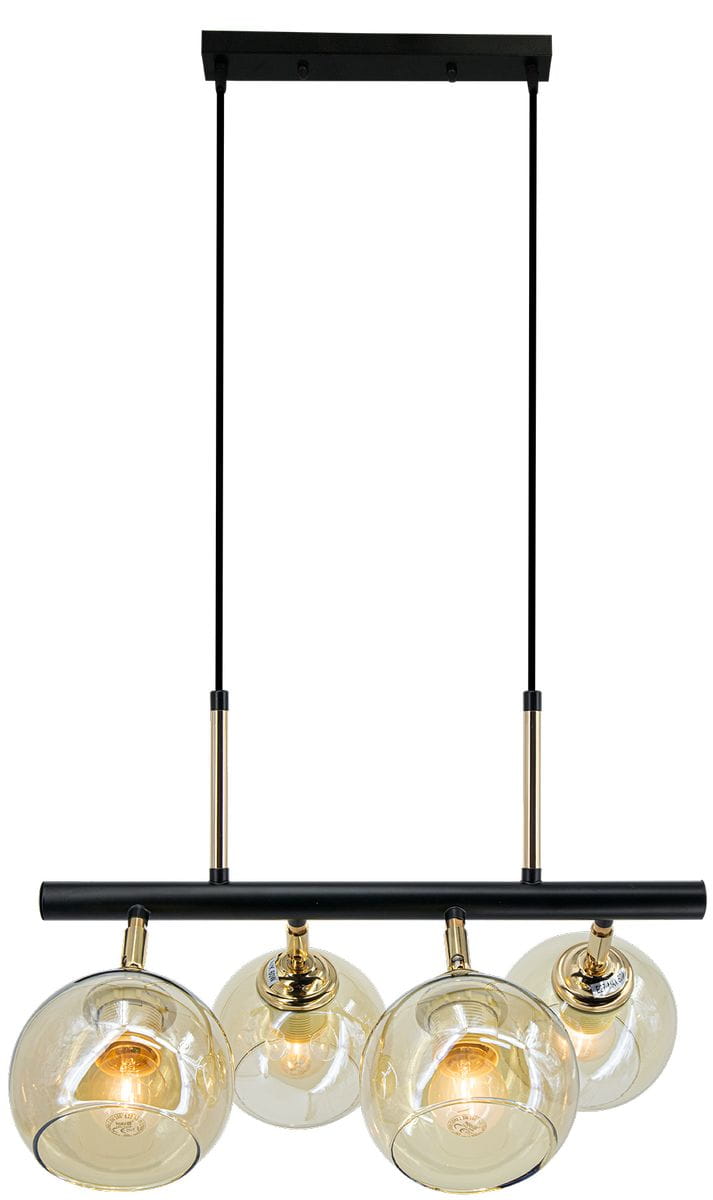 Lampa wisząca Piran w kolorze czarnym i złotym, z czterema kulistymi kloszami z przezroczystego szkła. Ujęcie frontalne, zawieszona na długich linkach, z metalowym stelażem. Widoczne źródła światła E27 w каждом kloszu.