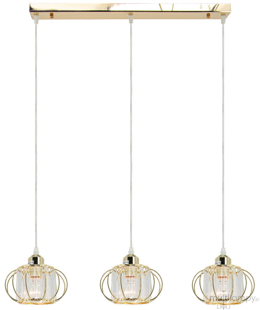 Lampa wisząca Acri 3xE27 w kolorze złotym z trzema kloszami. Klosze mają przezroczystą, teksturowaną powierzchnię i są zawieszone na białych przewodach z metalowym, prostokątnym stelażem.