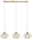 Lampa wisząca Acri 3xE27 w kolorze złotym z trzema kloszami. Klosze mają przezroczystą, teksturowaną powierzchnię i są zawieszone na białych przewodach z metalowym, prostokątnym stelażem.