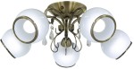 Lampa sufitowa 5-punktowa w kolorze mosiądzu z pięcioma białymi kloszami o okrągłym kształcie z przezroczystymi detalami. Ujęcie z góry, ukazujące elegancką konstrukcję oraz kryształowe zawieszki.