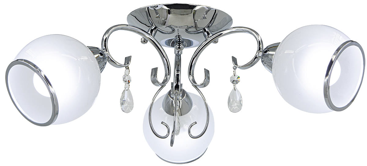 Lampa sufitowa Nina 3-punktowa w chromie, z trzema okrągłymi kloszami z białego szkła, ozdobiona kryształowymi elementami. Ujęcie z góry, prezentujące elegancki kształt i detale mocowania.