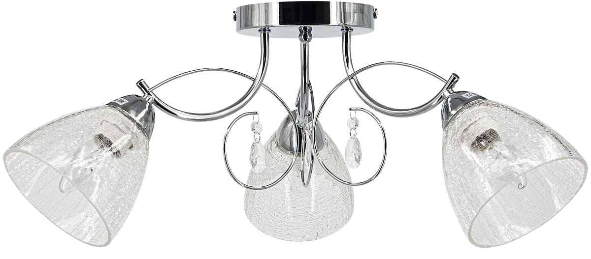Lampa sufitowa 3-punktowa Venus w kolorze chromu. Posiada trzy klosze z przezroczystego szkła o fakturze crackle, z dekoracyjnymi elementami w postaci kryształków. Ujęcie z góry, ukazujące elegancki design i kształt kloszy.