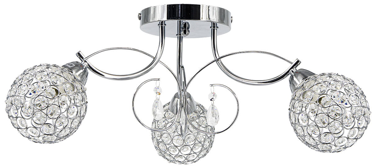 Lampa sufitowa Venus 3-punktowa z chromowanym stelażem i kulistymi kloszami z kryształu. Klosze z drobnymi kryształkami odbijającymi światło, umieszczone na eleganckich ramionach. Pozycja: zamontowana na suficie, frontalny kąt ujęcia.