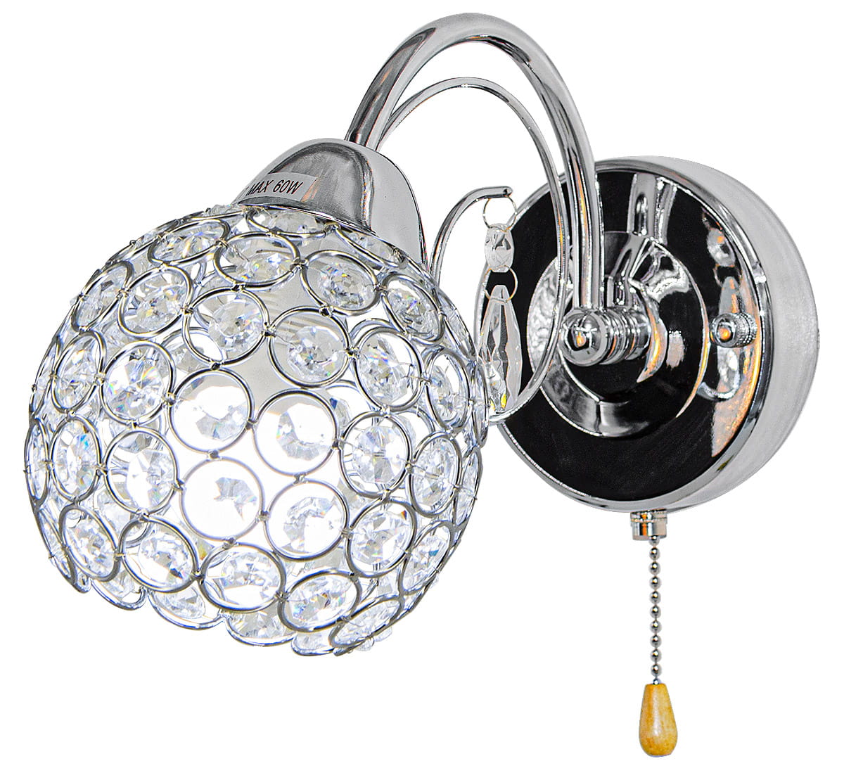 Kinkiet Venus 1-punktowy z chromowanym wykończeniem i okrągłą, kryształową kloszem. Klosz ozdobiony przezroczystymi kryształkami w metalowej siatce. Widoczny łańcuszek z drewnianą kulką do włączania/wyłączania. Montaż ścienny.