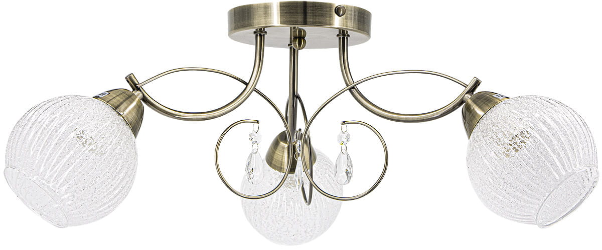 Lampa sufitowa Venus 3-punktowa w kolorze mosiądzu z trzema przezroczystymi kloszami o teksturowanej powierzchni. Stylowe, metalowe ramiona z dekoracyjnymi kryształkami, zamontowana na okrągłej podstawie.