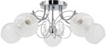Sufitowa lampa Venus, 5-punktowa, z chromowanym stelażem. Szklane klosze w kształcie kul, teksturowane, przezroczyste, z delikatnymi zdobieniami. Produkt zamontowany na suficie, widok z dołu. Idealna do nowoczesnych wnętrz.