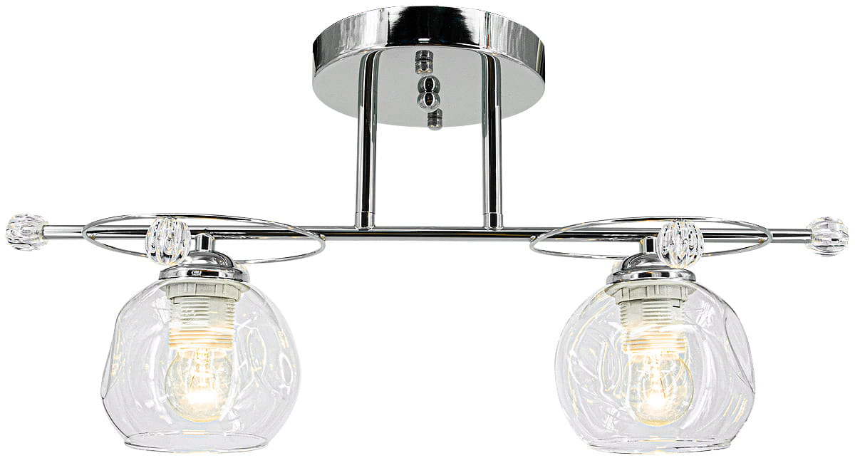 Lampa sufitowa Kasper 2-punktowa w chromowanym wykończeniu, z dwiema przezroczystymi kloszami w kształcie kulistym, zamontowana na okrągłej podstawie. Klosze mają widoczne żarówki, co podkreśla nowoczesny design.