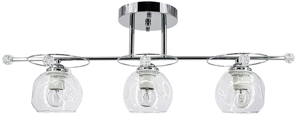 Lampa sufitowa Kasper 3-punktowa w kolorze chromu, z trzema przezroczystymi kloszami w kształcie półkul, zawieszona na metalowej listwie. Klosze mają białe oprawy na żarówki. Montaż sufitowy, nowoczesny design.