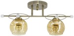 Lampa sufitowa Kasper 2-punktowa w kolorze mosiądzu z przezroczystymi, okrągłymi kloszami. Ułożona poziomo, z dwoma źródłami światła. Klosze mają lekko bursztynowy odcień, a całość zamocowana na okrągłej podstawie. Stylowy element oświetleniowy do wnętrz.