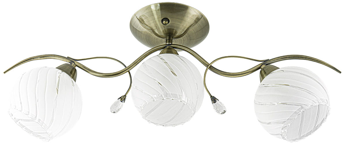 Lampa sufitowa 3-punktowa w kolorze mosiądzu z trzema kulistymi kloszami ze szkła, o fakturze z poziomymi liniami. Klosze ozdobione kryształowymi detalami, montowana na okrągłej podstawie, układ symetryczny.