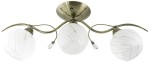 Lampa sufitowa 3-punktowa w kolorze mosiądzu z trzema kulistymi kloszami ze szkła, o fakturze z poziomymi liniami. Klosze ozdobione kryształowymi detalami, montowana na okrągłej podstawie, układ symetryczny.