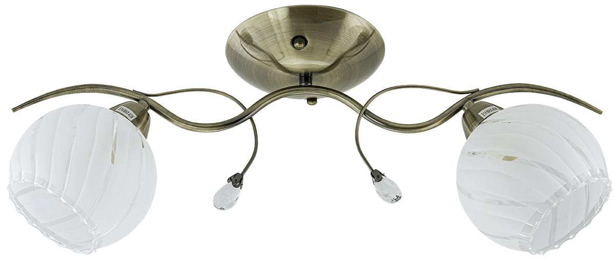 Lampa sufitowa Sting 2-punktowa w kolorze mosiądzu, z dwoma szklanymi kloszami w formie kul, o delikatnym, prążkowanym wzorze. Ujęcie z góry, ukazujące elegancką konstrukcję i stylowy design.
