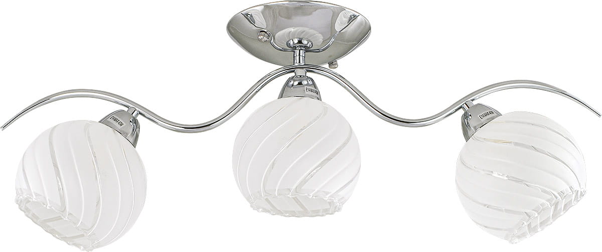 Lampa sufitowa 3-punktowa Mewa w chromowanej oprawie, z trzema białymi, szklanymi kloszami o spiralnym wzorze. Ułożona w pozycji wiszącej, idealna do nowoczesnych wnętrz. Klosze zapewniają rozproszone światło.