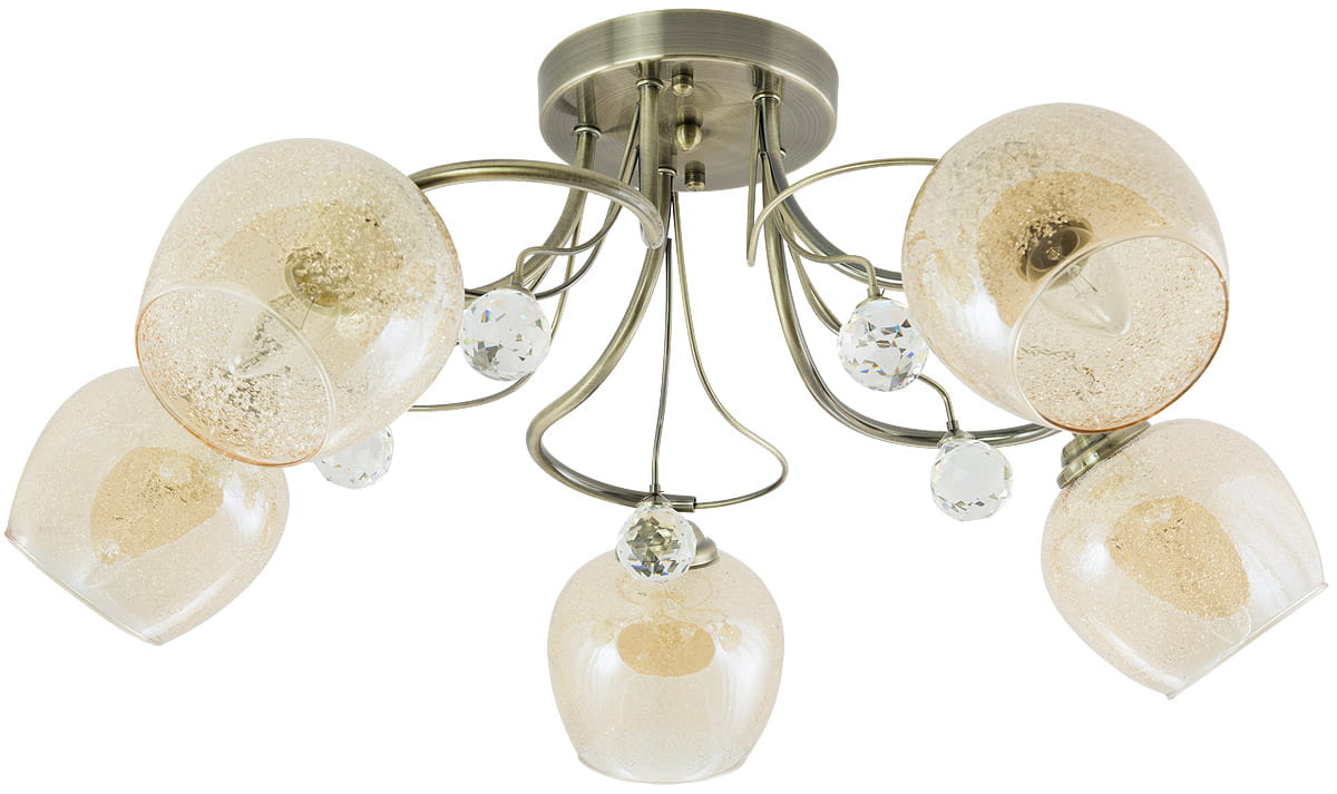 Lampa sufitowa Blanka, 5-punktowa, w kolorze patyny. Szklane klosze w odcieniu przezroczystym z drobnymi bąbelkami, ozdobione kryształowymi elementami. Ujęcie z dołu, pokazujące symetryczne, rozłożone ramiona lampy.