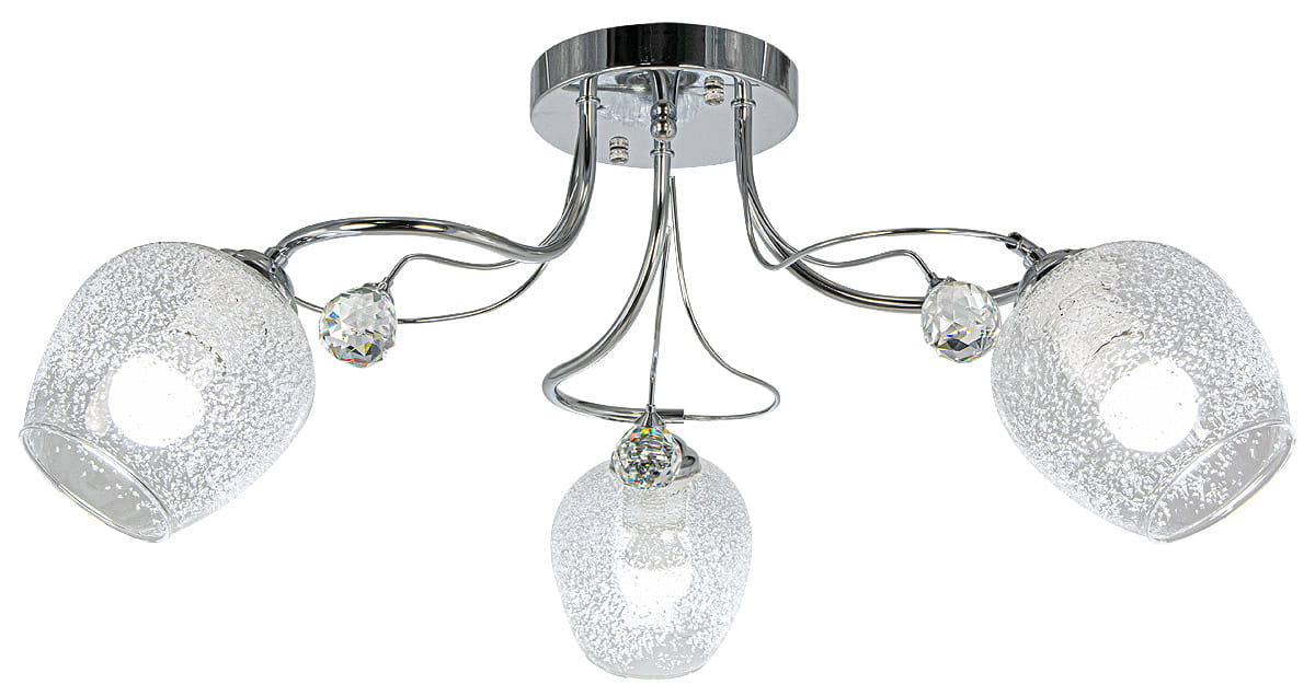 Lampa sufitowa Blanka 3-punktowa w wykończeniu chromowanym. Trzy szklane klosze o fakturze z drobnymi bąbelkami, zawieszone na eleganckich ramionach. Centralna oprawa z chromowanego metalu, dekoracyjne kryształowe elementy.