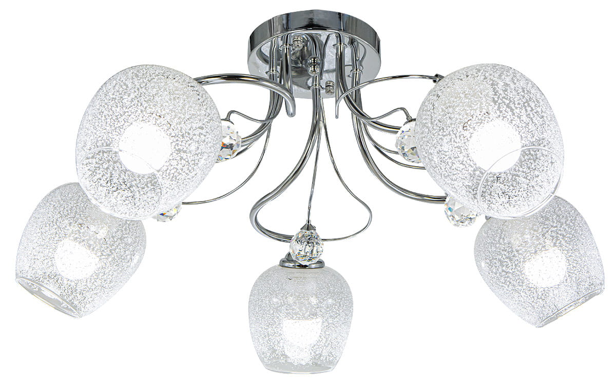 Lampa sufitowa Blanka 5-punktowa w chromowanym wykończeniu. Posiada pięć szklanych kloszy o fakturze z drobnymi bąbelkami, zamocowanych na eleganckich, zakrzywionych ramionach. Ujęcie z góry, z widocznym centralnym mocowaniem.