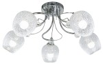Lampa sufitowa Blanka 5-punktowa w chromowanym wykończeniu. Posiada pięć szklanych kloszy o fakturze z drobnymi bąbelkami, zamocowanych na eleganckich, zakrzywionych ramionach. Ujęcie z góry, z widocznym centralnym mocowaniem.