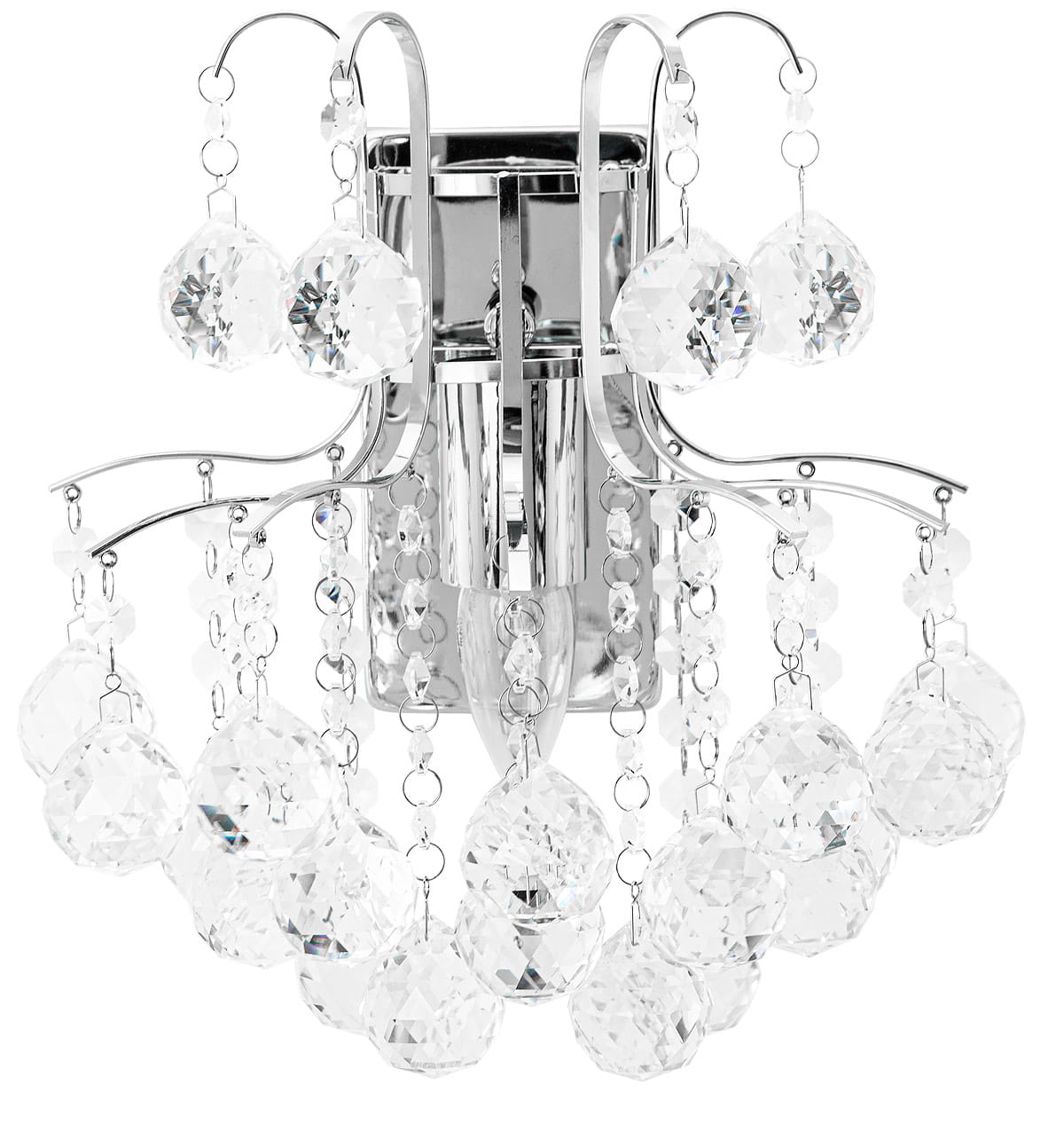 Kinkiet Monte Carlo w chromowanym wykończeniu, posiadający jedną oprawę. Zawiera przezroczyste kryształowe kule i wiszące elementy, tworząc elegancki design. Produkt zamontowany na ścianie, widoczny z przodu.