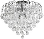 Lampa sufitowa Belweder 4-punktowa w kolorze chromu, ozdobiona przezroczystymi kryształowymi elementami w kształcie diamentów. Produkt zamontowany na okrągłej podstawie, z delikatnymi łańcuszkami, które tworzą efektowną kompozycję świetlną.