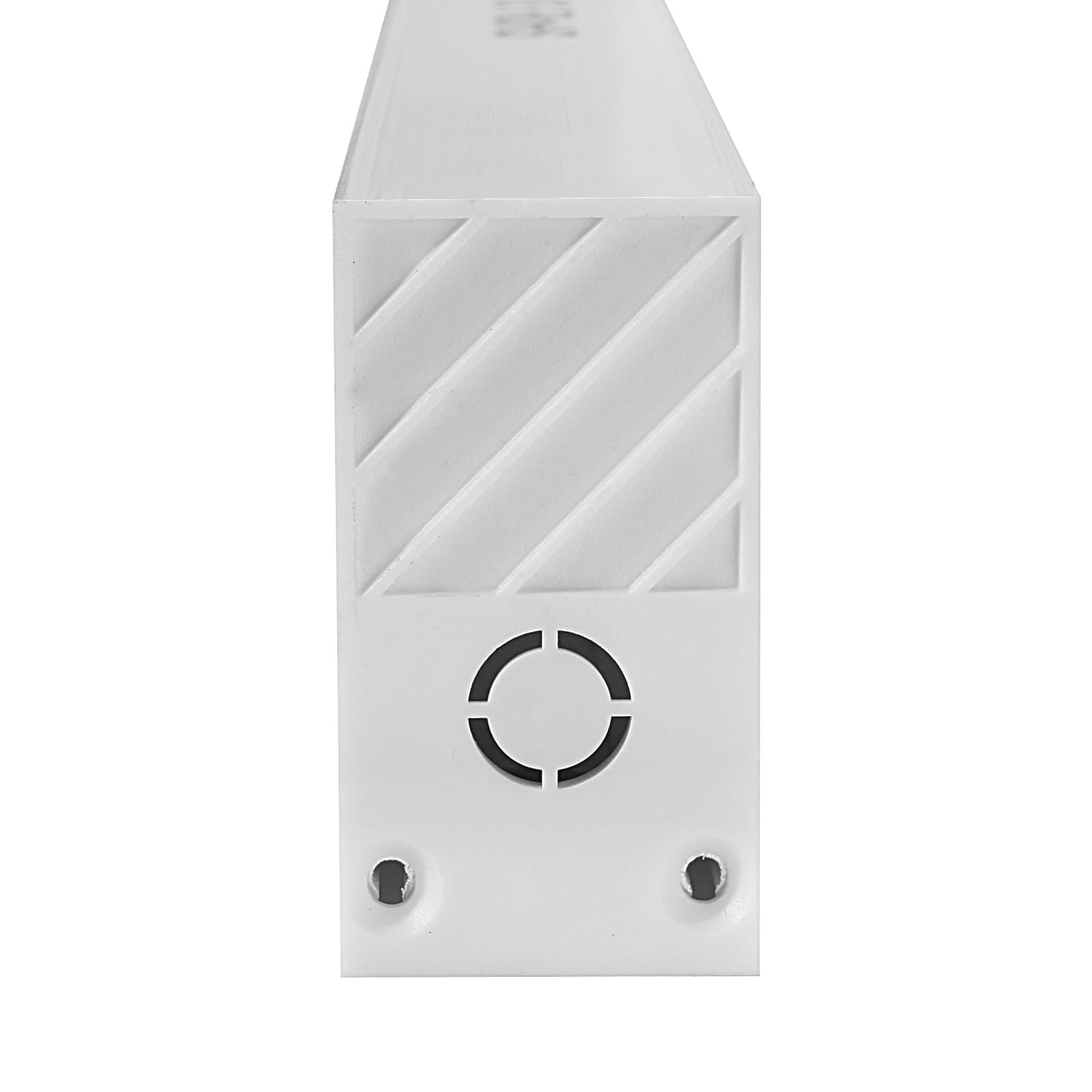 Szyna magnetyczna natynkowa 100 cm w kolorze białym, z widocznym, gładkim wykończeniem i dwoma otworami montażowymi. Ujęcie frontalne, ukazujące teksturę oraz logo na górnej krawędzi.