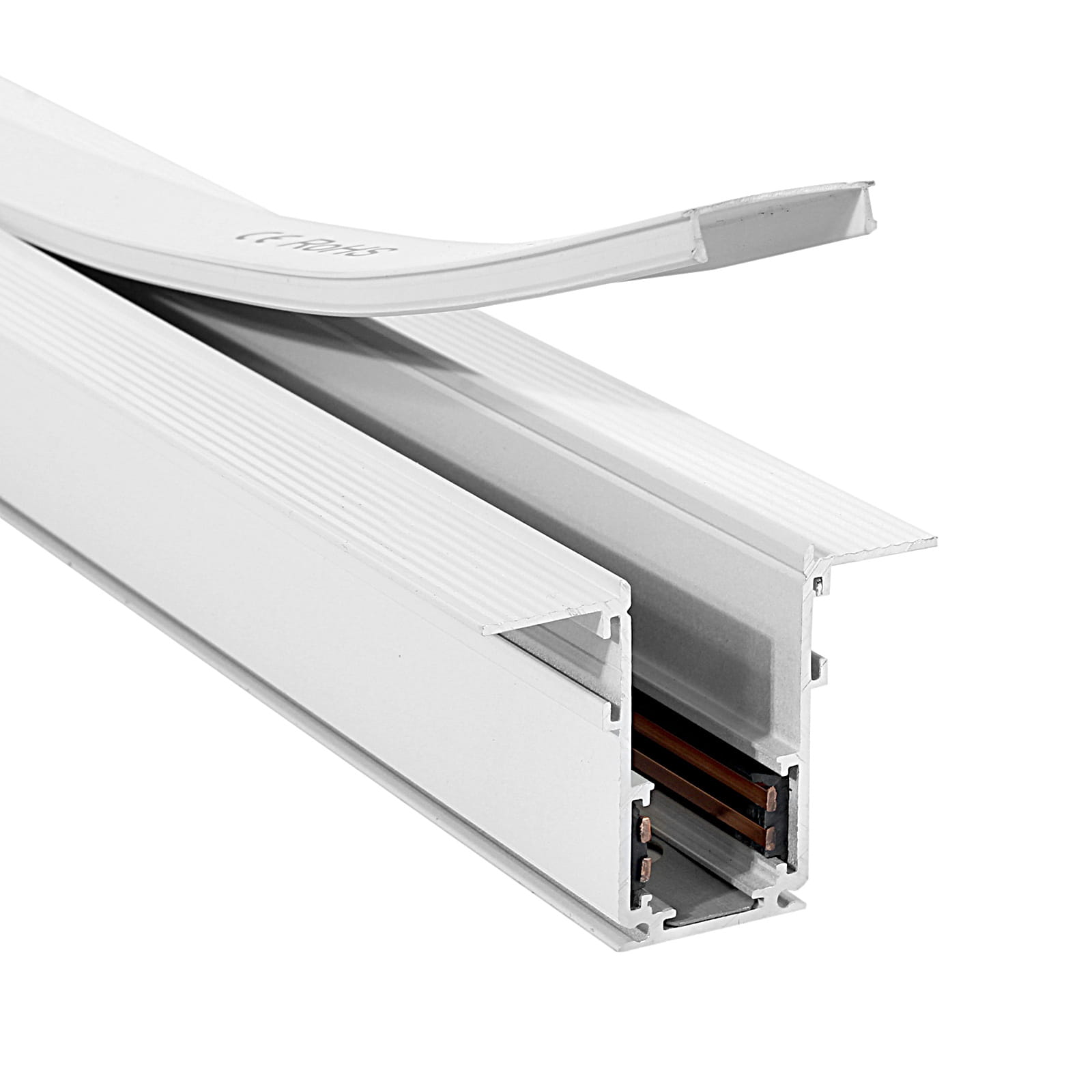 Szyna magnetyczna podtynkowa gips-karton 100 cm w kolorze białym, z widocznymi rowkami i miejscem na przewody. Ujęcie pod kątem, pokazujące przekrój z wewnętrznymi elementami przewodzącymi. Produkt leży na płaskiej powierzchni.