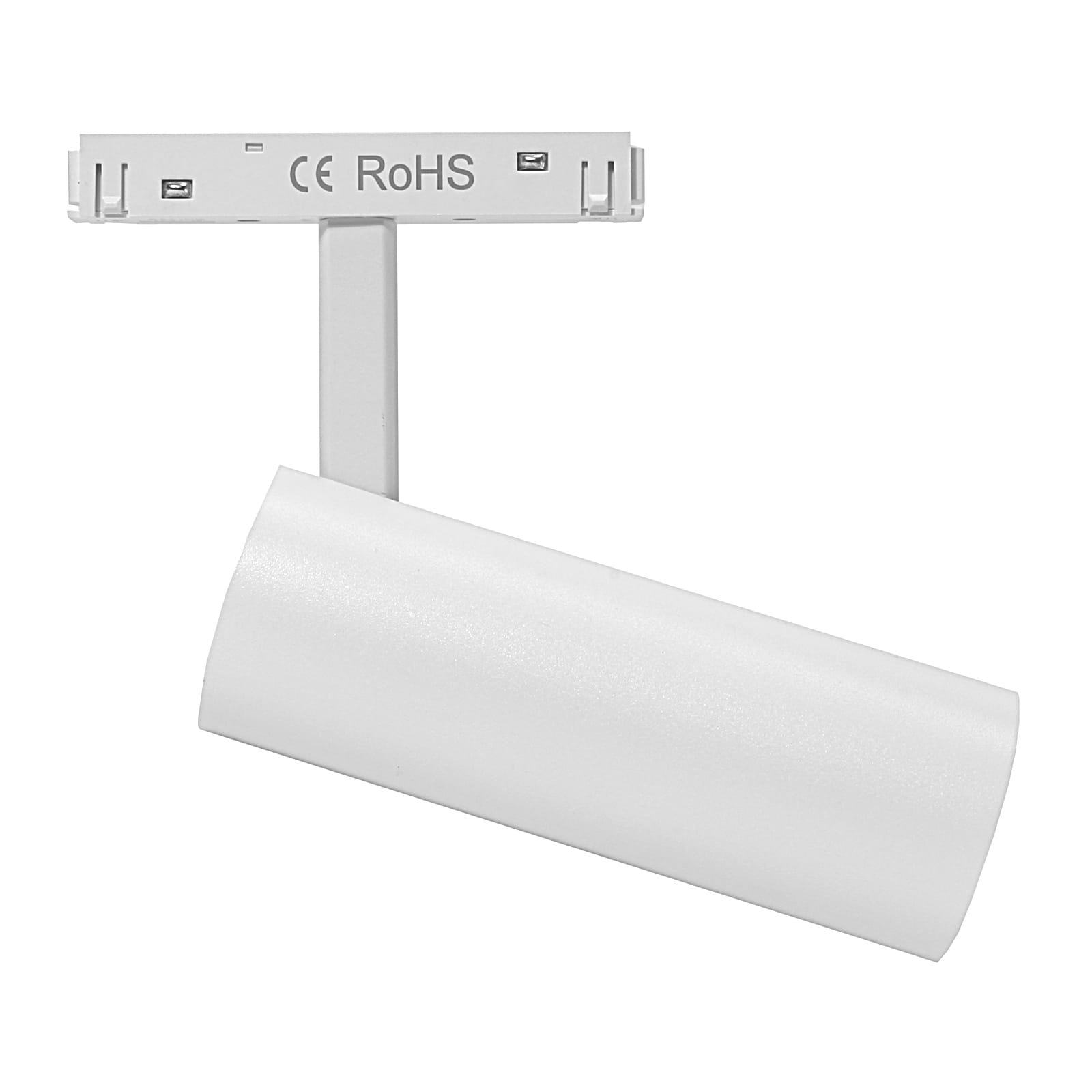 Reflektor spot LED do szyny magnetycznej, moc 15W, temperatura barwowa 3000K, w kolorze białym. Ułożony w pozycji poziomej, z widocznym mocowaniem do szyny. Gładka, matowa powierzchnia obudowy.