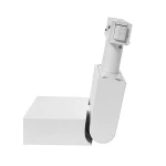 Biała lampa spot LED do szyny magnetycznej, z regulowanym ramieniem. Widoczne elementy: kwadratowa podstawka i cylindryczny uchwyt z przyciskiem PUSH. Kąt ujęcia z boku, ukazujący detale konstrukcyjne.