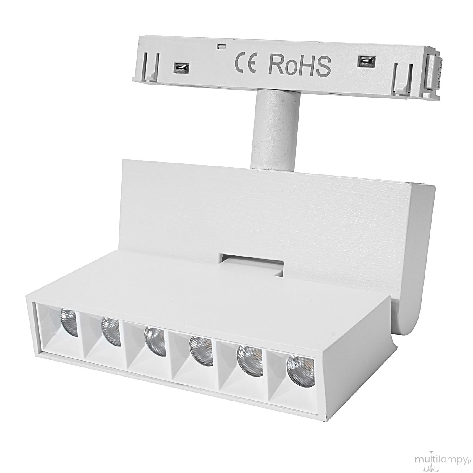 Lampa spot LED do szyny magnetycznej, kolor biały, z sześcioma okrągłymi diodami. Ujęcie z boku, z zamontowanym uchwytem. Prosta konstrukcja z matową fakturą, idealna do oświetlenia wnętrz.