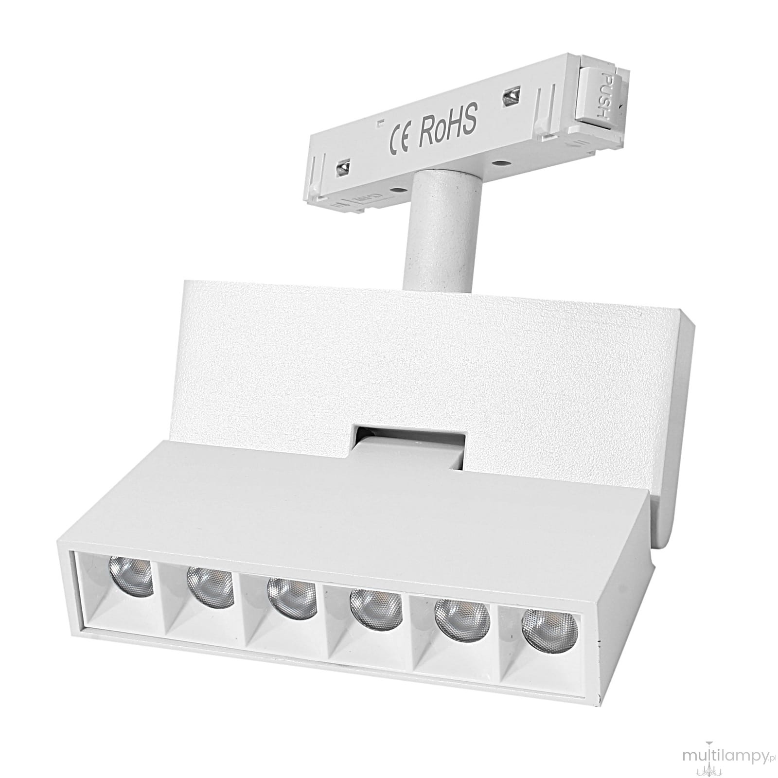 Lampa spot LED do szyny magnetycznej w kolorze białym, z sześcioma diodami. Posiada płaską, prostokątną obudowę oraz montażowy element w górnej części. Kąt ujęcia z przodu, podkreślający detale konstrukcji. Wymiary i detale montażowe niewidoczne.