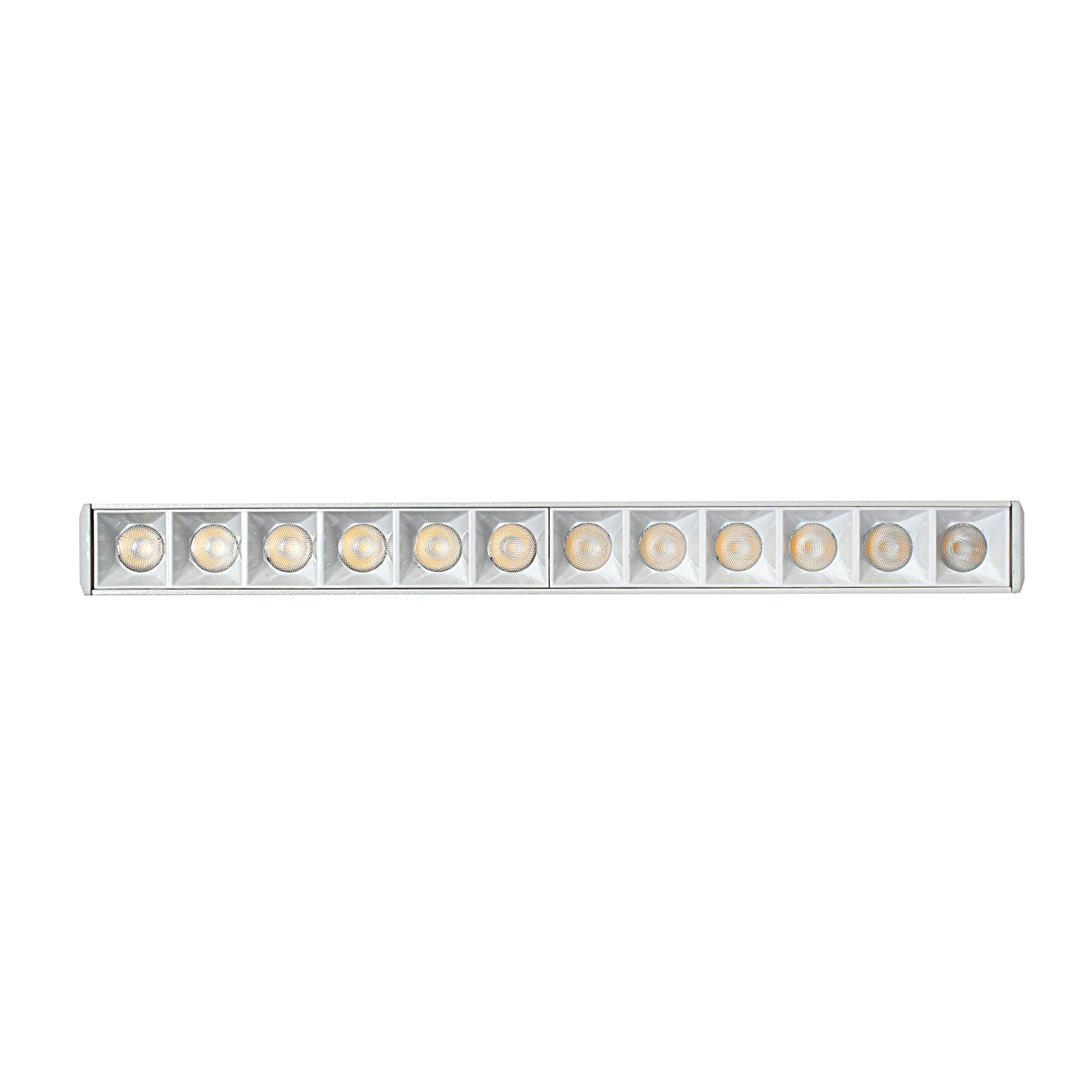 Lampa LED liniowa do szyny magnetycznej, biała, z 12 diodami LED w równych odstępach. Ujęcie frontalne, produkt leżący, prostokątny kształt. Jasne, neutralne światło 4000K, metalowa obudowa. Idealna do oświetlenia wnętrz.