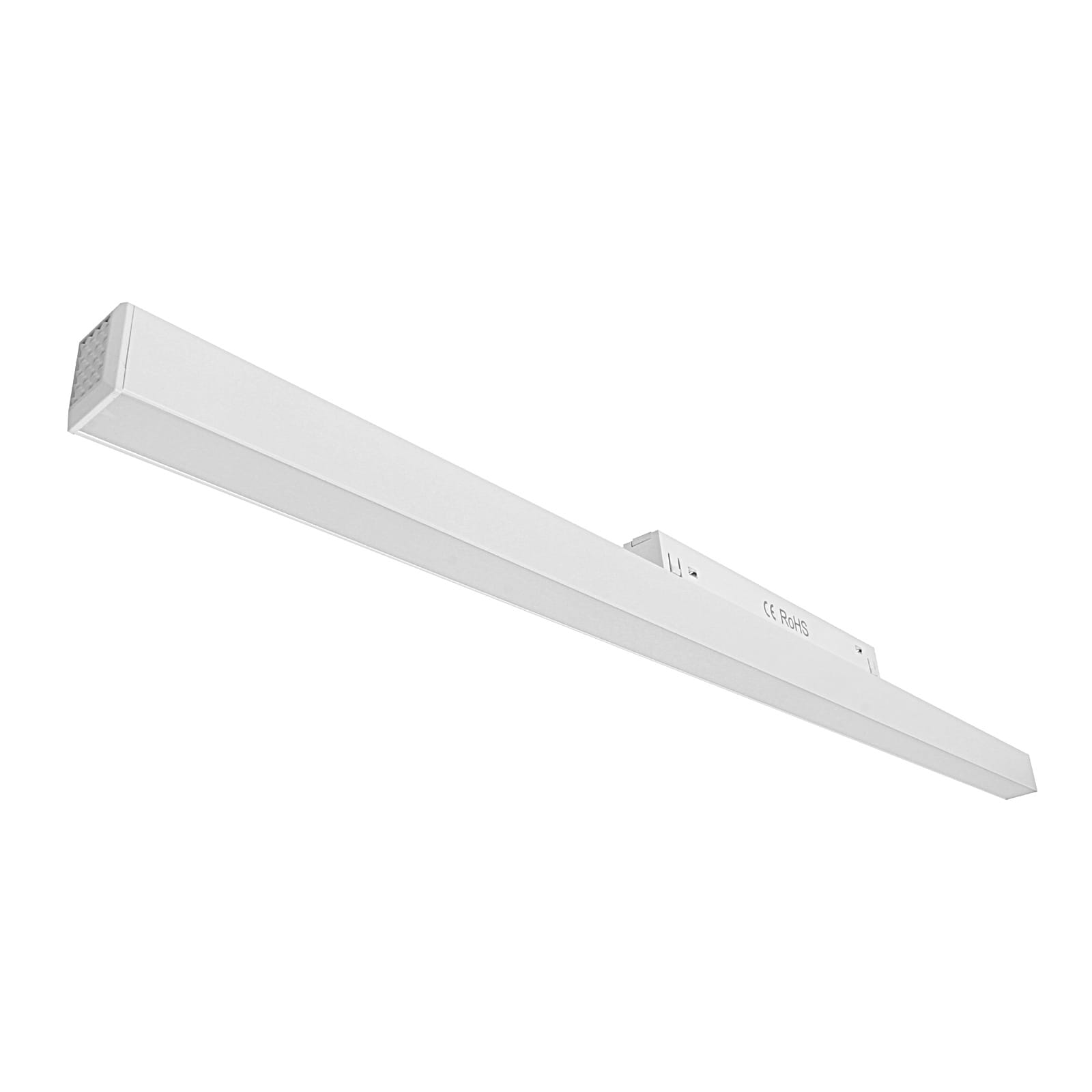 Lampa LED liniowa do szyny magnetycznej, długość 60 cm, moc 20W, temperatura barwowa 4000K. Prosta, biała obudowa, zamontowana na szynie. Ujęcie z boku, pokazujące smukły kształt i minimalistyczny design.